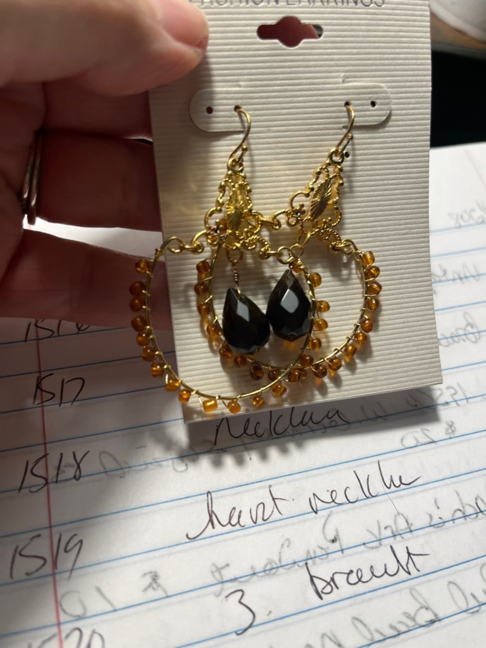 Gold-Tone Hoop Earrings with Amber Beads and Black Teardrop Stones 1521